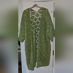Green Crochet Open-Front Sweater
